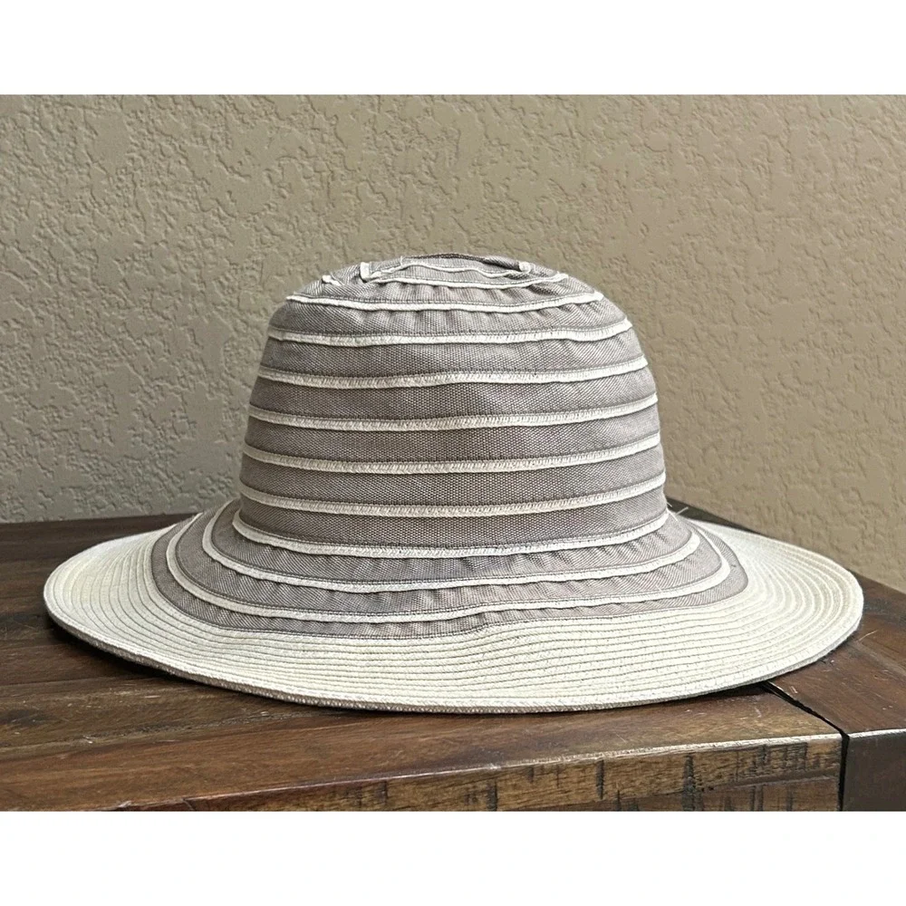 Canadian Hat Womens Packable Wide Brim Sun Hat Taupe Ivory Striped Travel M - Picture 3 of 15